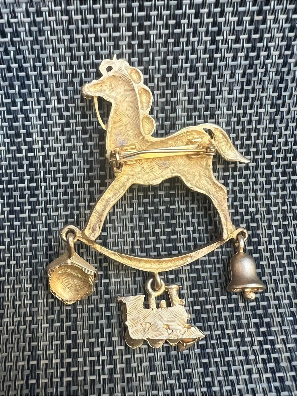Gold Horse Carousel Brooch with Train & Block Charms